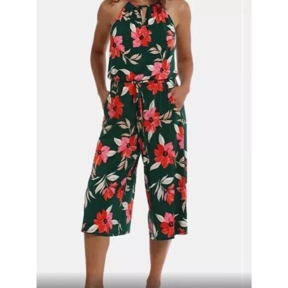 MAGGY LONDON Lottie Knit Crop Jumpsuit 4 Green Floral Sleeveless Keyhole NWT B83 - Picture 1 of 6